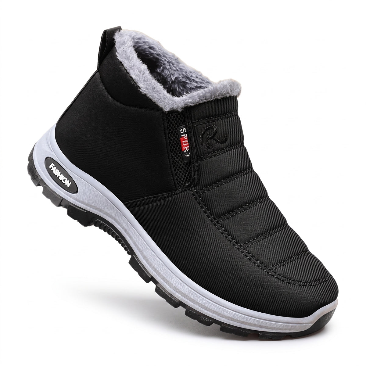 Winterschoenen dames & heren in zwart met pluche voering, instapper op witte achtergrond