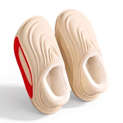 Pantoffels dames & heren in crème met rood ovaal op de hiel en pluche voering