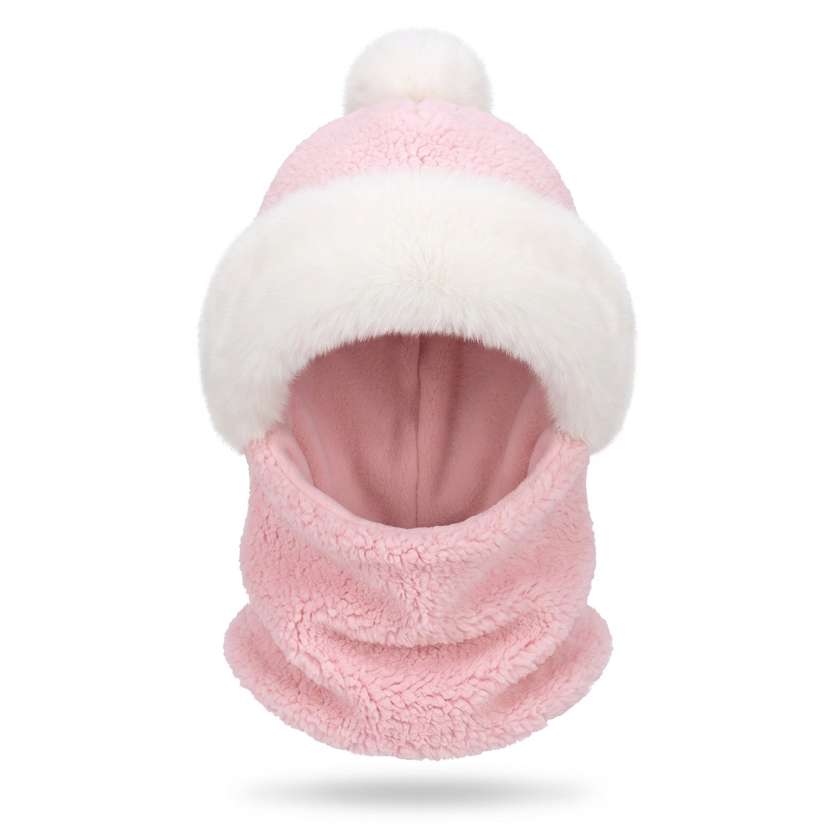 Muts met sjaal dames in roze – roze teddyfleece met witte pluche rand en witte pompon