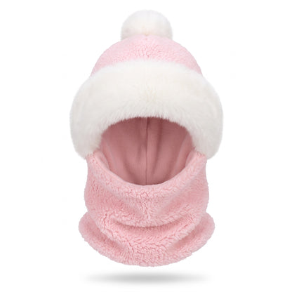 Muts met sjaal dames in roze – roze teddyfleece met witte pluche rand en witte pompon