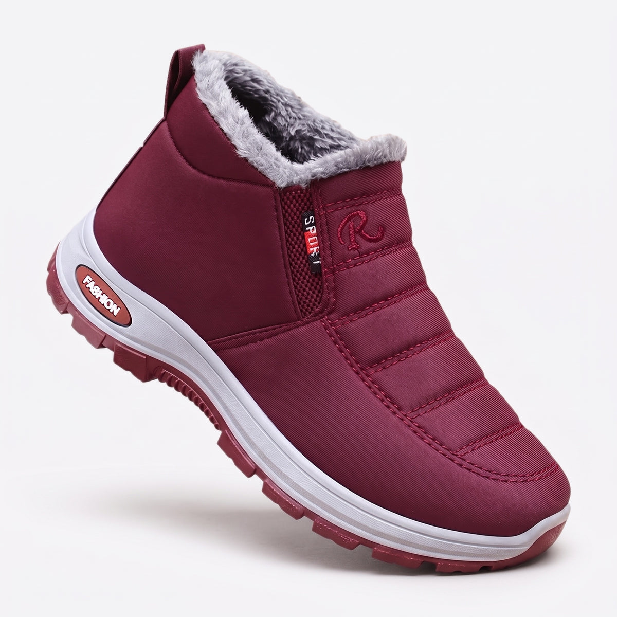 Winterschoenen dames & heren in wijnrood met grijze pluche kraag op witte achtergrond