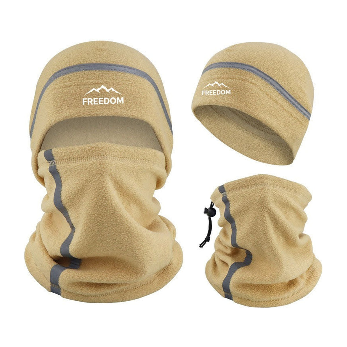 Nekwarmer en muts set in beige met trekkoord aan de nekwarmer