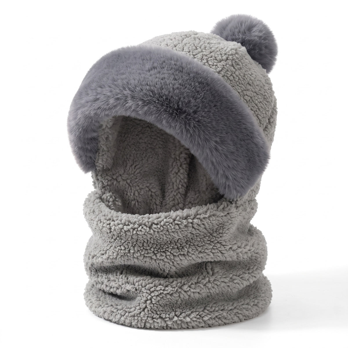Muts met sjaal dames in grijs – teddyfleece met grijze pluche rand en pompon