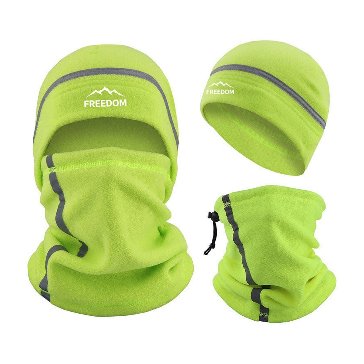 Nekwarmer en muts set in neongroen met trekkoord aan de nekwarmer