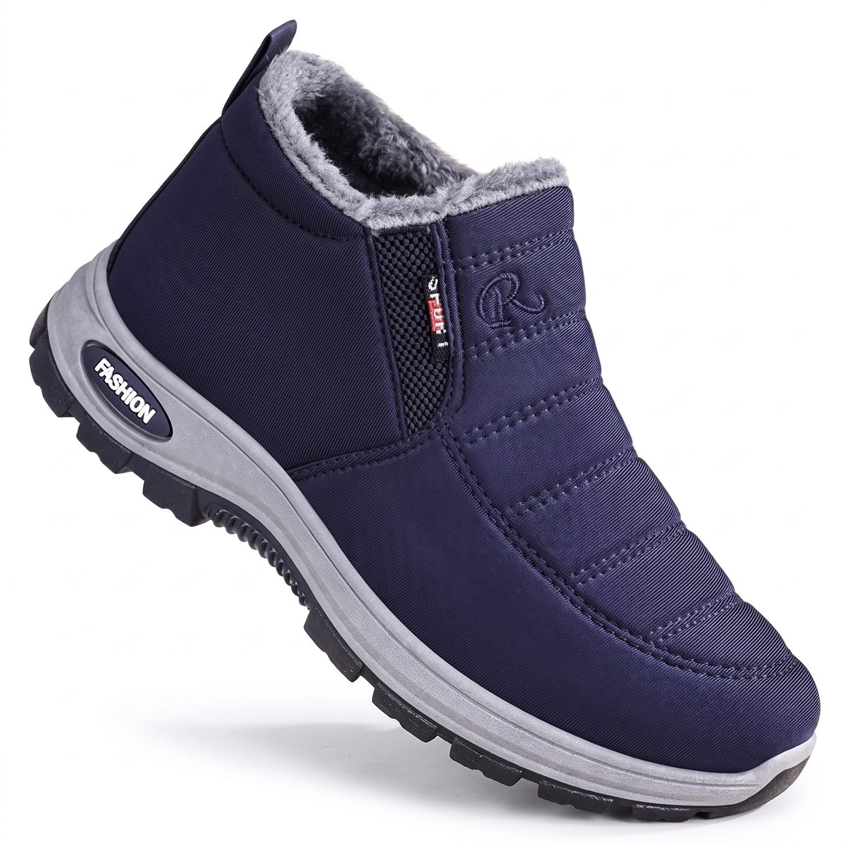 Winterschoenen dames & heren in marineblauw, gestikte instapper op witte achtergrond
