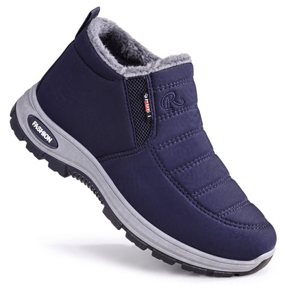 Winterschoenen dames & heren in marineblauw, gestikte instapper op witte achtergrond