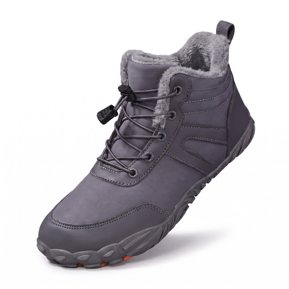 Snowboots dames in grijs met snelsluiting en profielzool op witte achtergrond