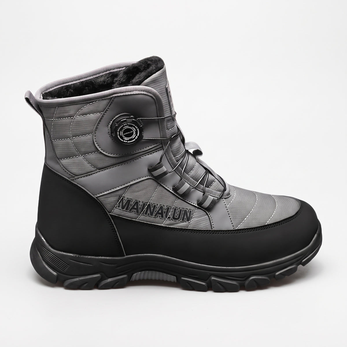 Snowboots dames in grijs en zwart met profielzool op witte achtergrond
