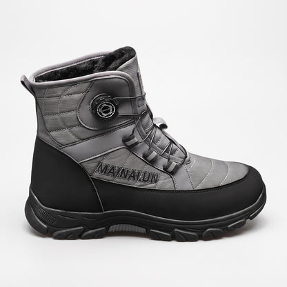 Snowboots dames in grijs en zwart met profielzool op witte achtergrond