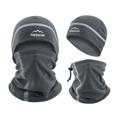 Nekwarmer en muts set in donkergrijs met trekkoord aan de nekwarmer