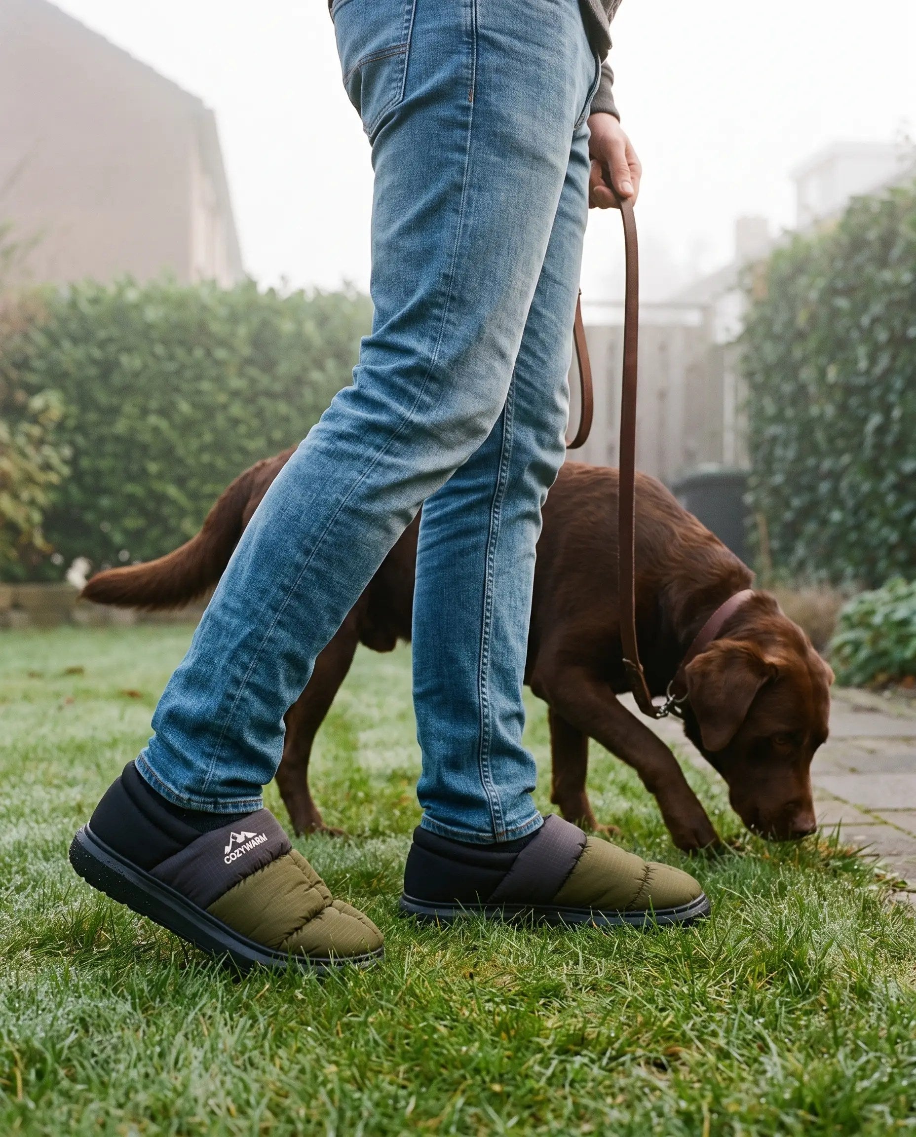 Even de hond uitlaten, door het natte gras